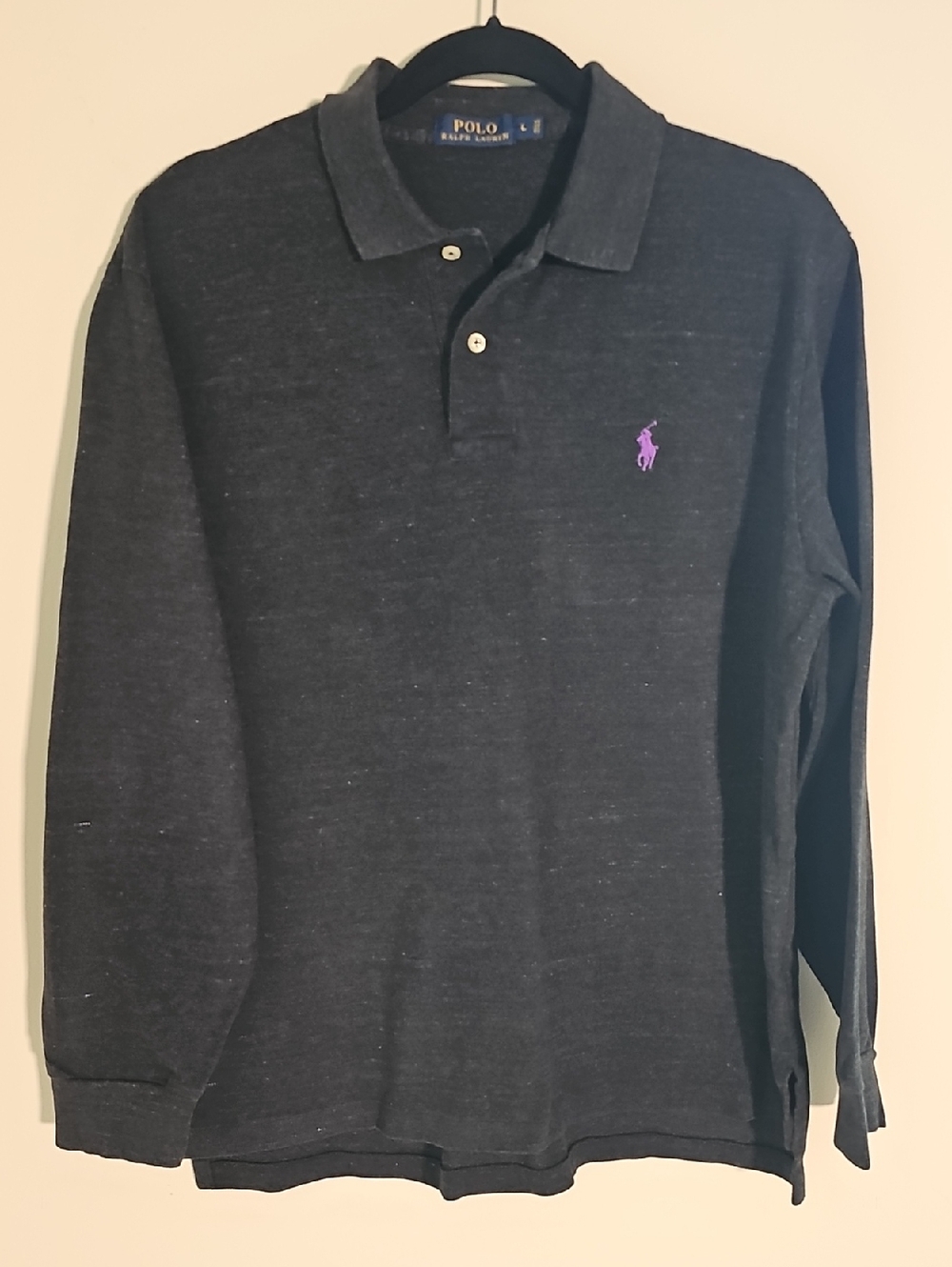 Polo Ralph Lauren‎ Long Sleeve Polo Mens Size L Charcoal Grey Purple Pony Cotton